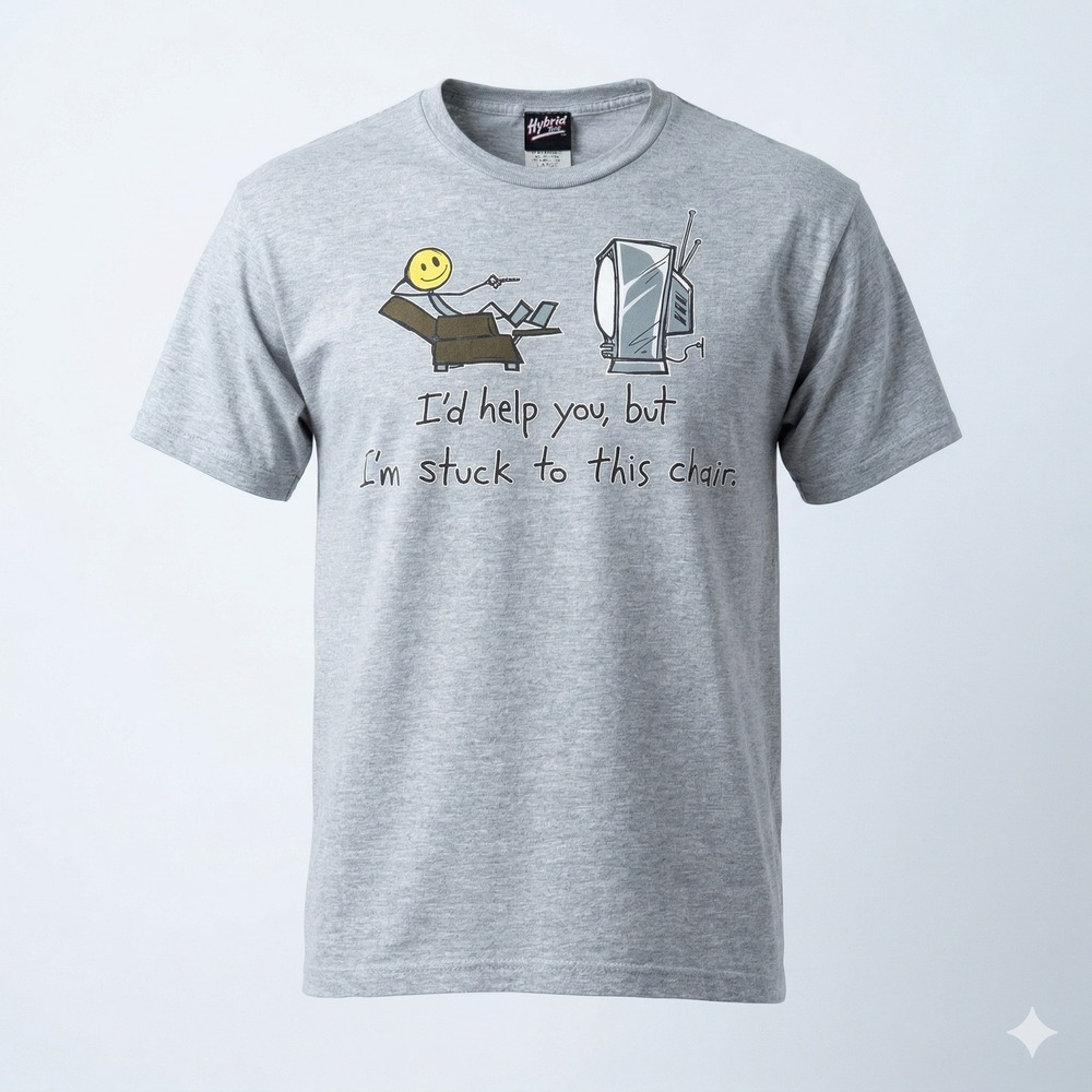 Vintage Hybrid Tees Funny Graphic T-Shirt Gray‎ Large Stuck To This Chair TV